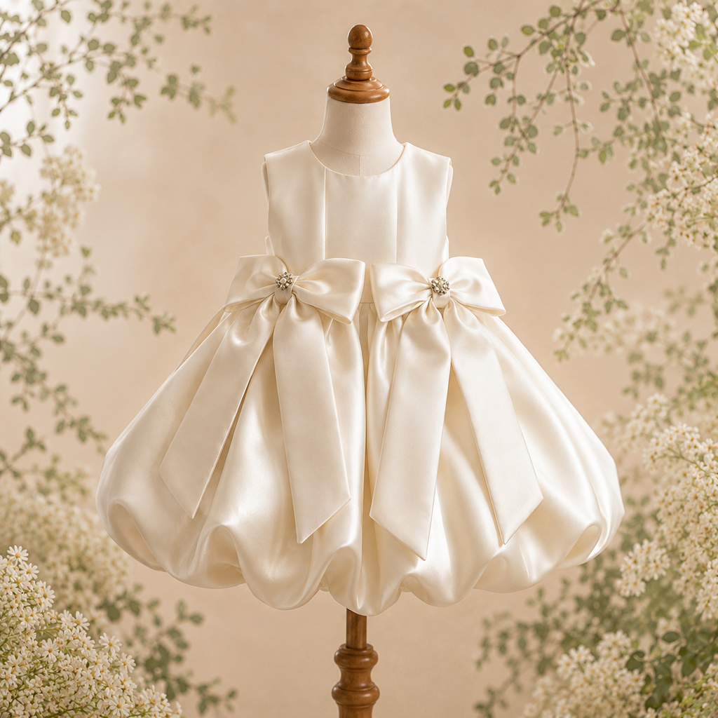 Girls Ivory Satin Bubble-Hem Party Dress with Double Bows - Flower Girl, Birthday & Pageant Dress