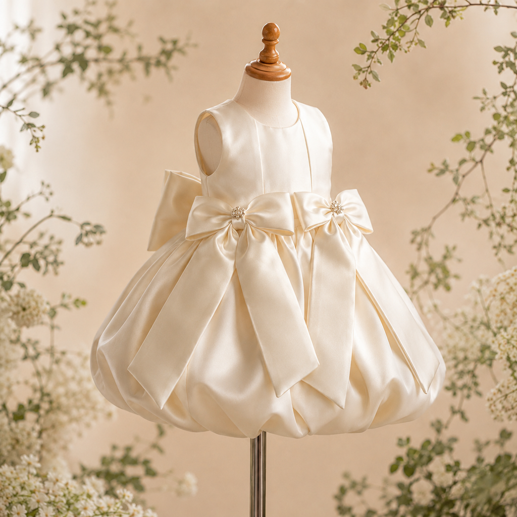 Girls Ivory Satin Bubble-Hem Party Dress with Double Bows - Flower Girl, Birthday & Pageant Dress