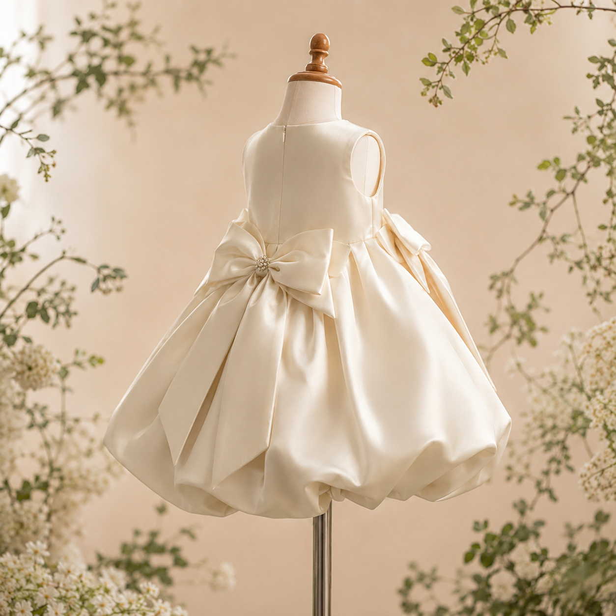 Girls Ivory Satin Bubble-Hem Party Dress with Double Bows - Flower Girl, Birthday & Pageant Dress
