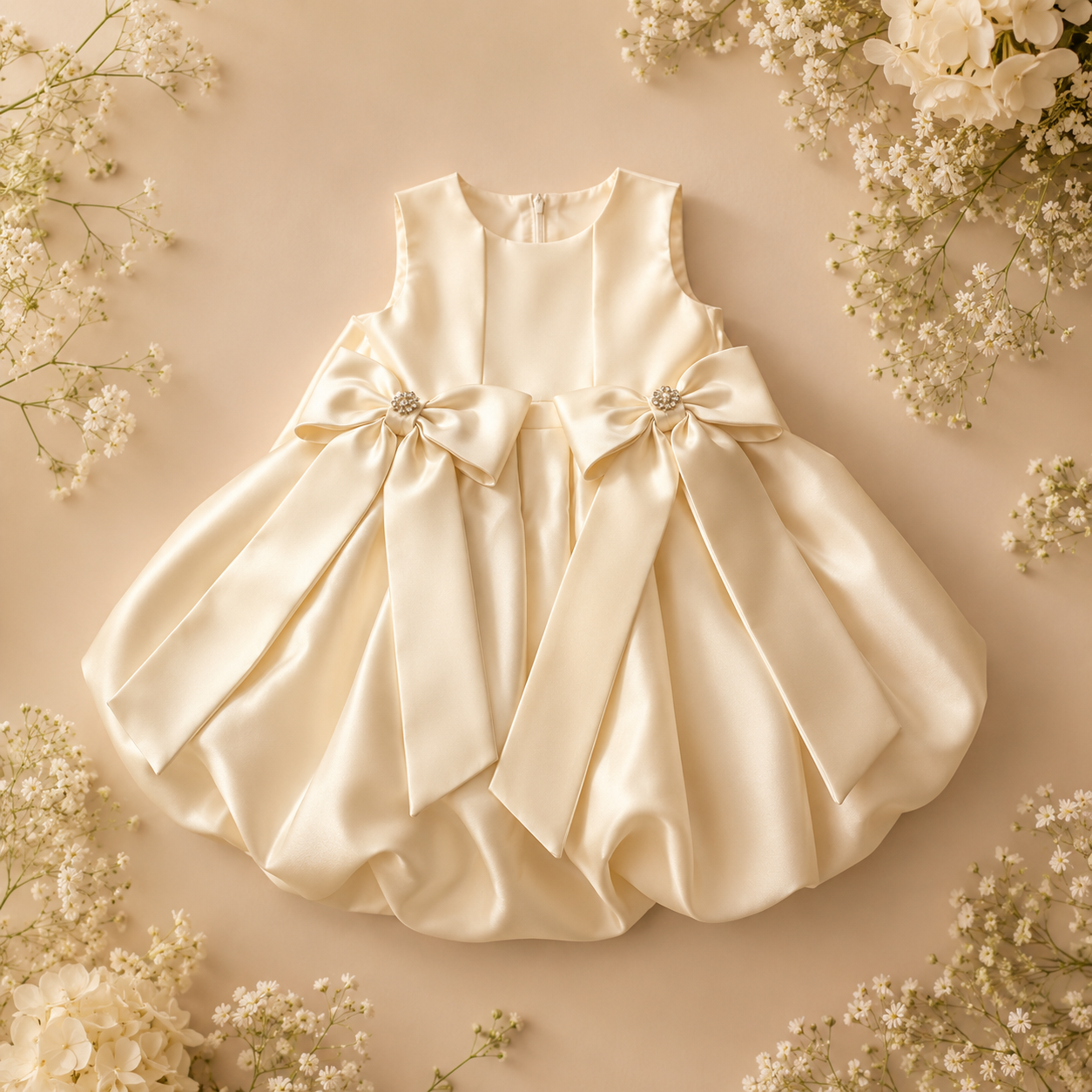 Girls Ivory Satin Bubble-Hem Party Dress with Double Bows - Flower Girl, Birthday & Pageant Dress