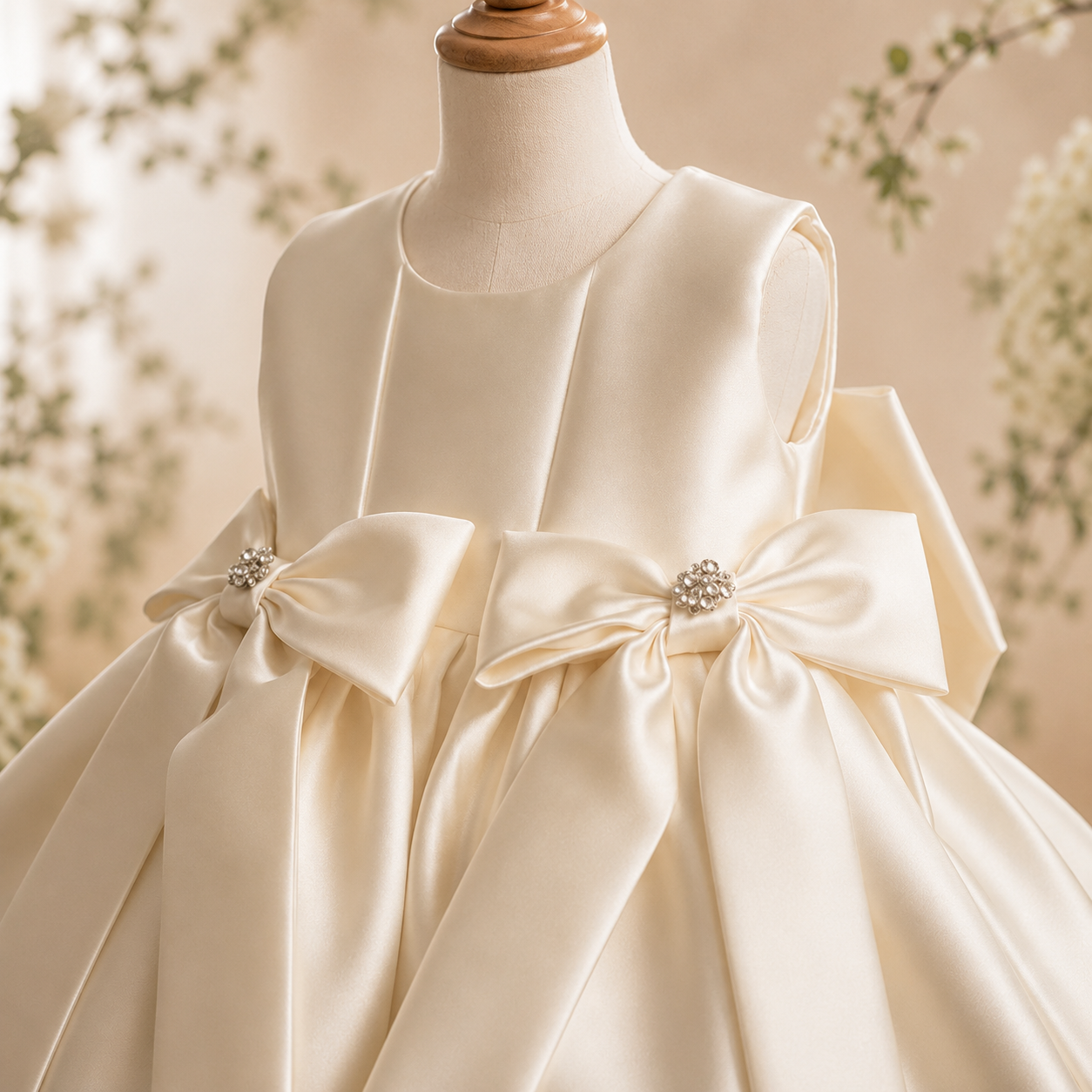 Girls Ivory Satin Bubble-Hem Party Dress with Double Bows - Flower Girl, Birthday & Pageant Dress