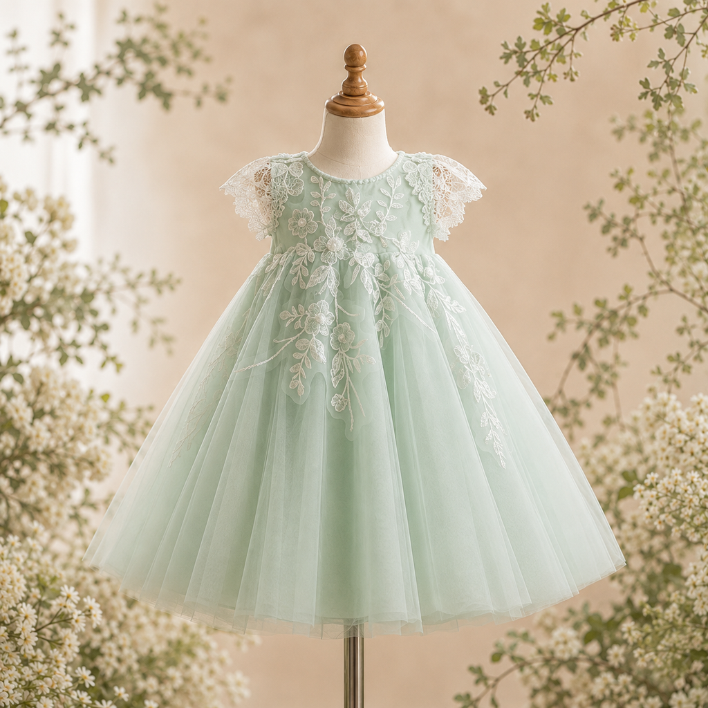 Girls Sage Green Tulle Flower Girl Dress with Ivory Floral Lace Appliqué & Cap Sleeves, Wedding Birthday Party