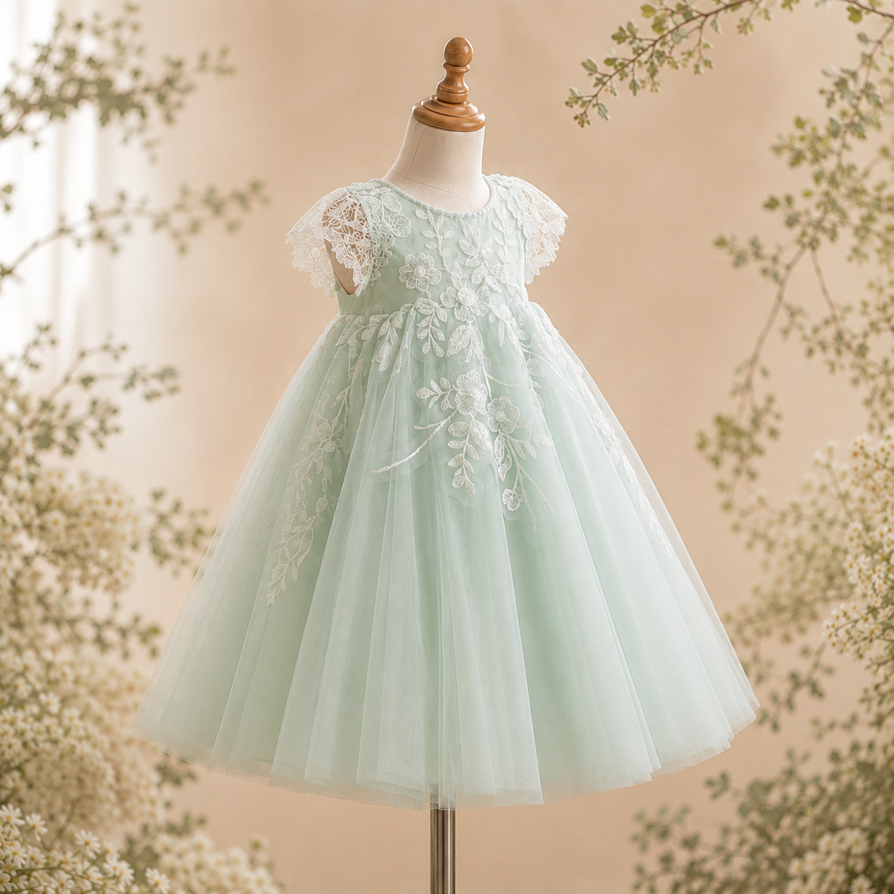 Girls Sage Green Tulle Flower Girl Dress with Ivory Floral Lace Appliqué & Cap Sleeves, Wedding Birthday Party