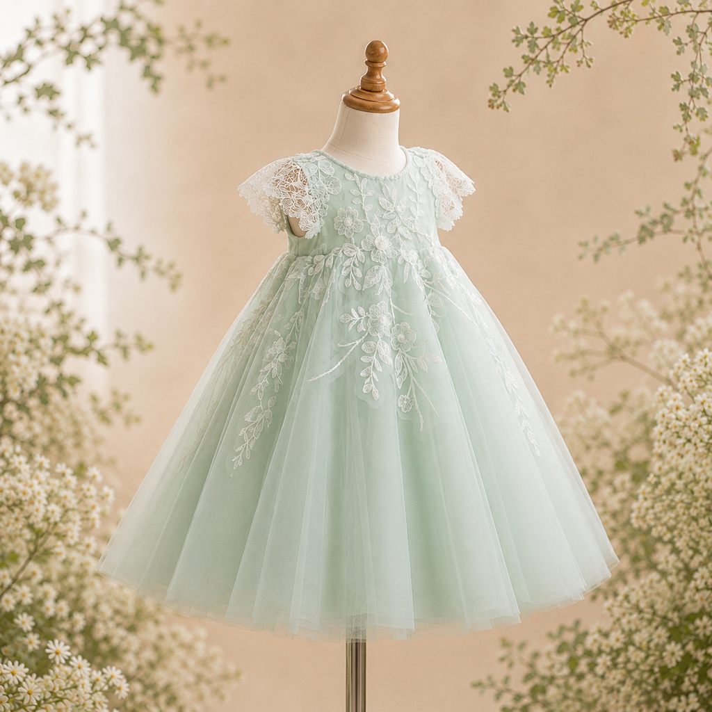 Girls Sage Green Tulle Flower Girl Dress with Ivory Floral Lace Appliqué & Cap Sleeves, Wedding Birthday Party
