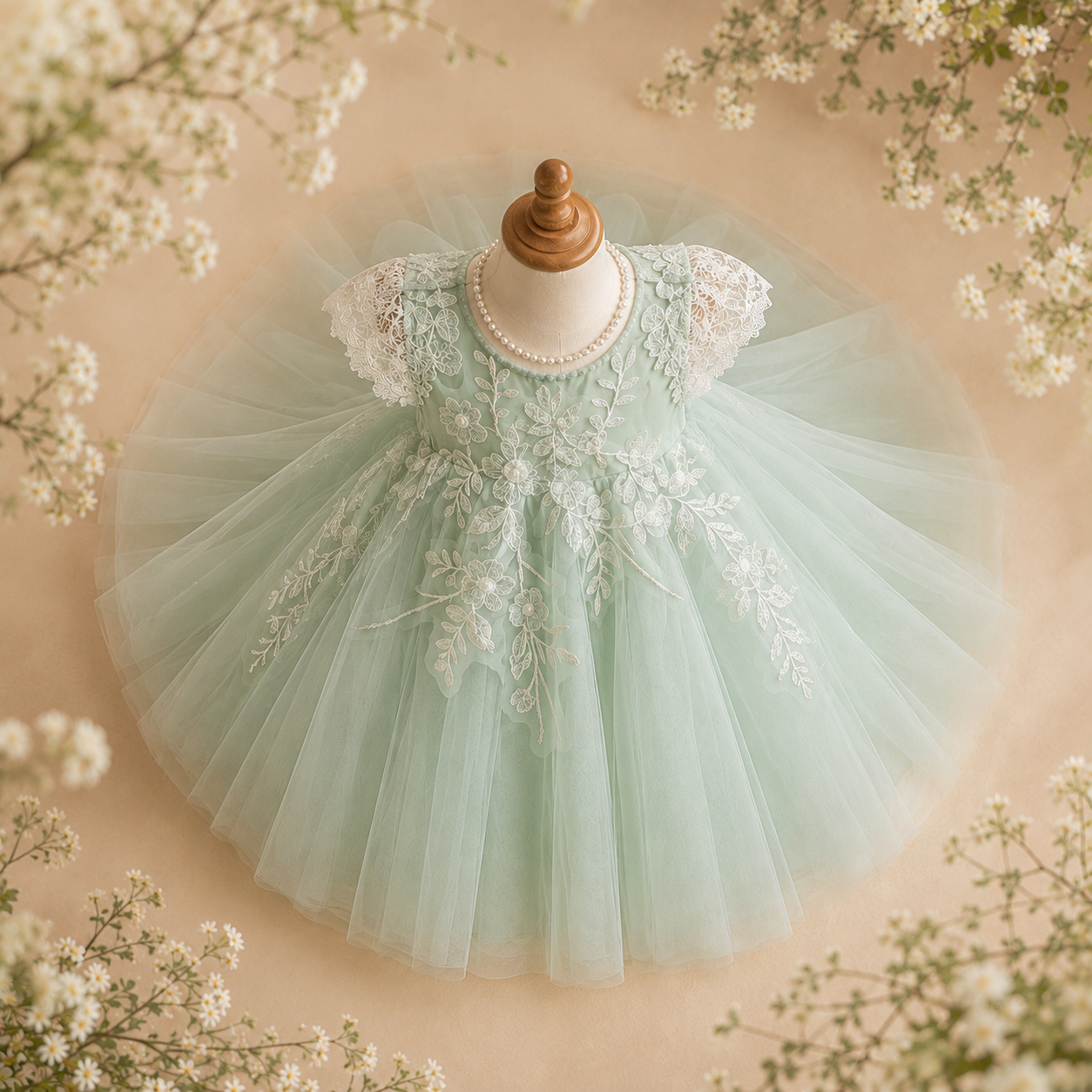 Girls Sage Green Tulle Flower Girl Dress with Ivory Floral Lace Appliqué & Cap Sleeves, Wedding Birthday Party