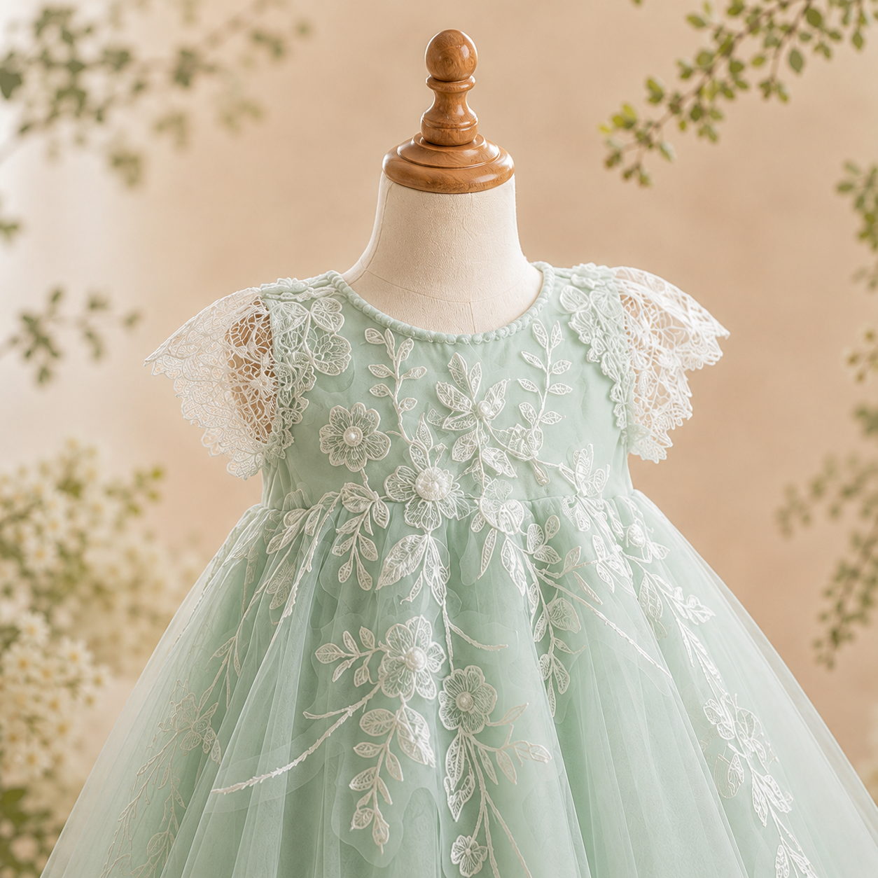 Girls Sage Green Tulle Flower Girl Dress with Ivory Floral Lace Appliqué & Cap Sleeves, Wedding Birthday Party
