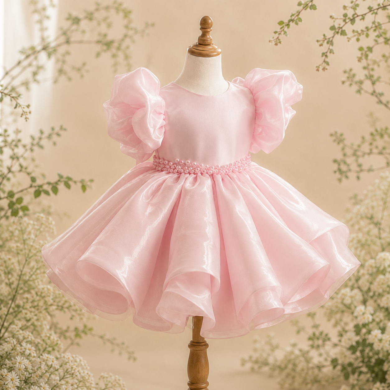 Girls Pink Organza Puff Sleeve Party Dress with Pearl Belt - Flower Girl Birthday Pageant Tulle Dress