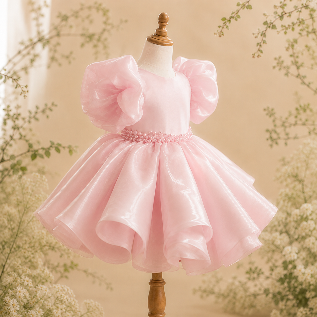 Girls Pink Organza Puff Sleeve Party Dress with Pearl Belt - Flower Girl Birthday Pageant Tulle Dress