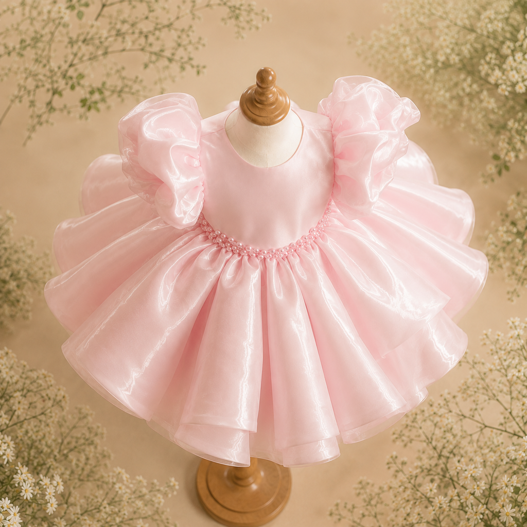 Girls Pink Organza Puff Sleeve Party Dress with Pearl Belt - Flower Girl Birthday Pageant Tulle Dress