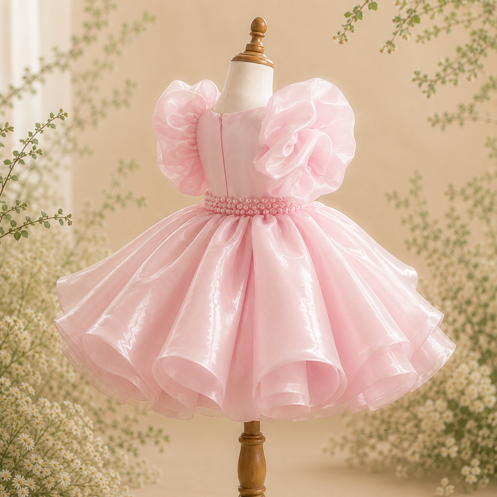 Girls Pink Organza Puff Sleeve Party Dress with Pearl Belt - Flower Girl Birthday Pageant Tulle Dress