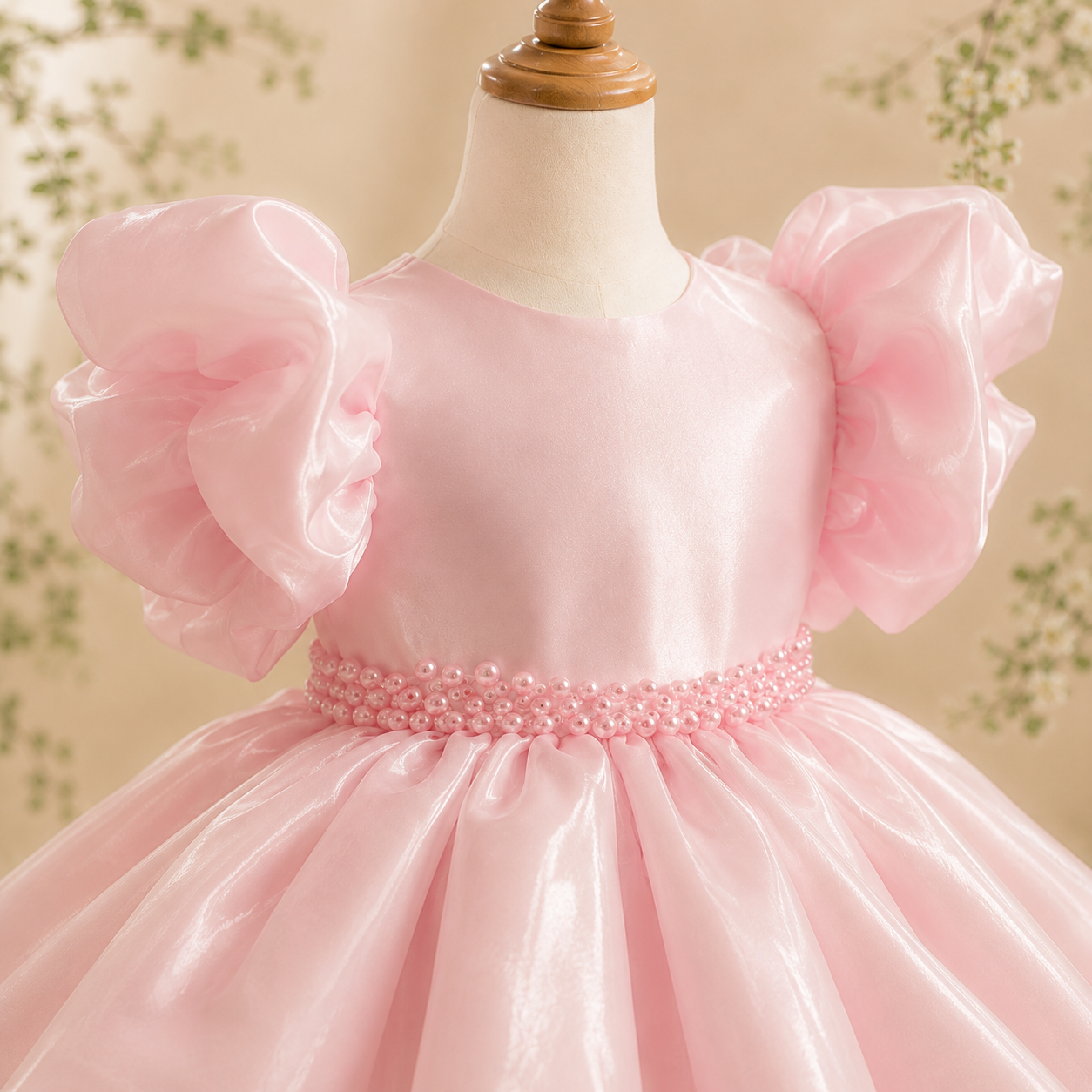 Girls Pink Organza Puff Sleeve Party Dress with Pearl Belt - Flower Girl Birthday Pageant Tulle Dress