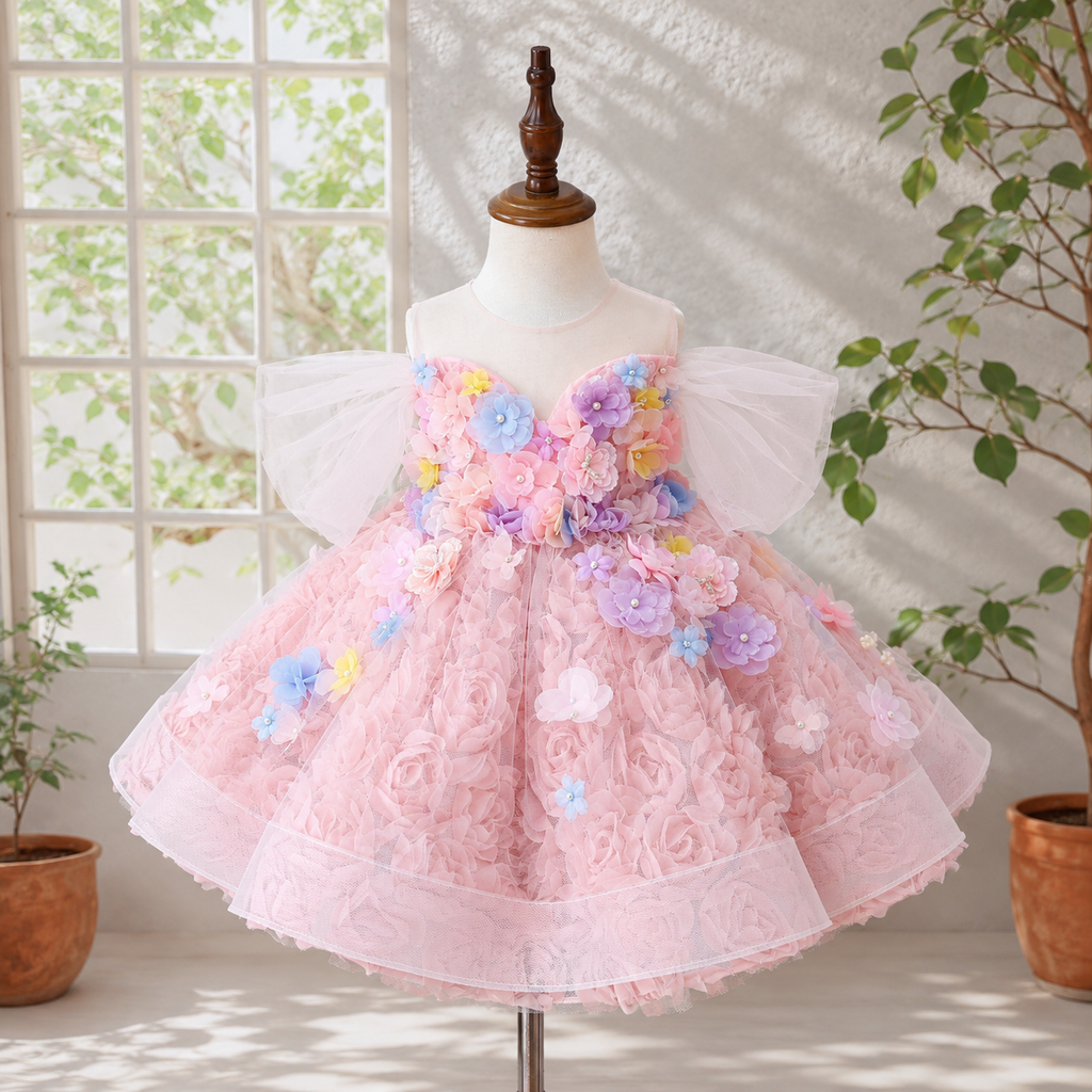 Girls Pink 3D Floral Flower Girl Dress, Puff Sleeve Tulle Ballgown for Birthday Party & Pageant