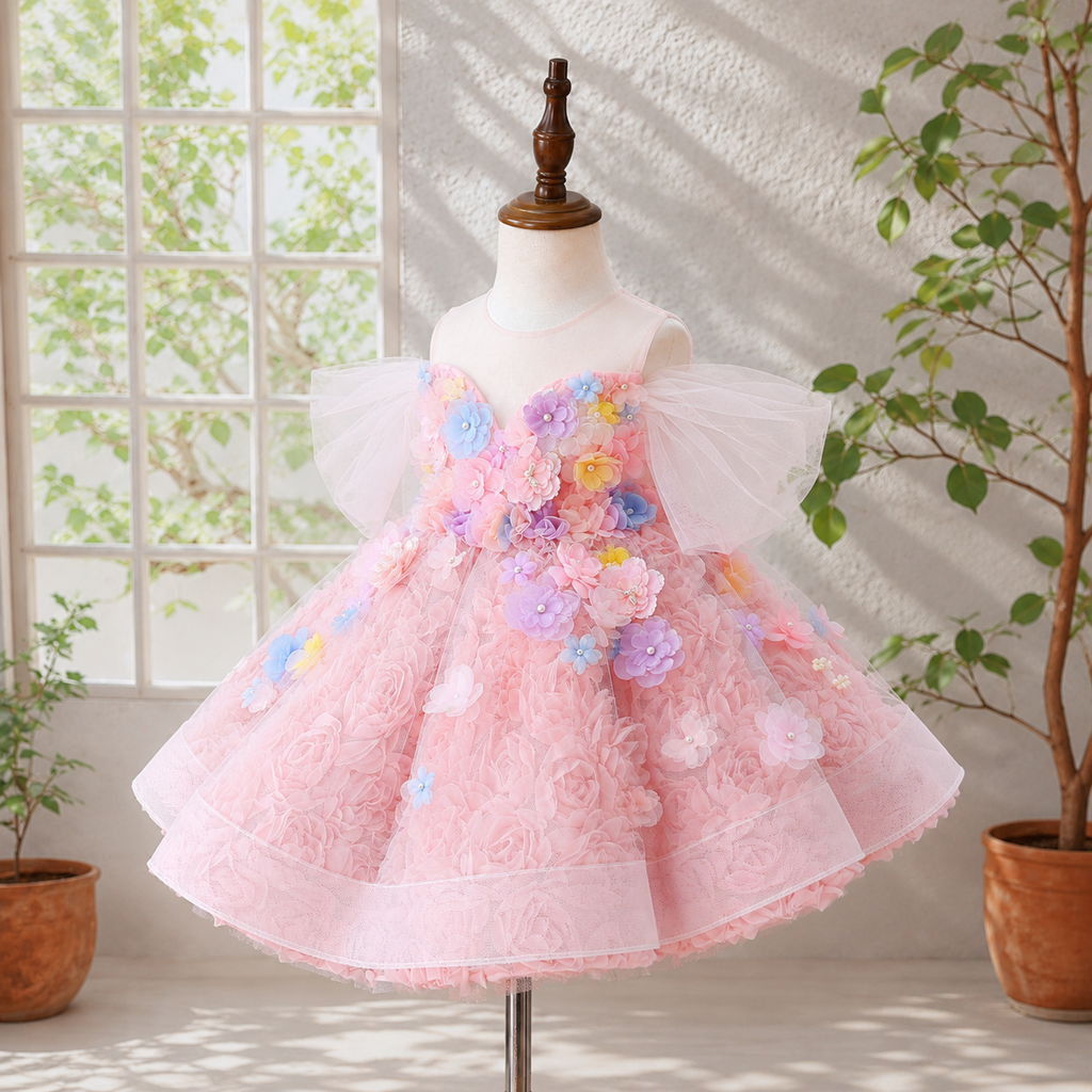 Girls Pink 3D Floral Flower Girl Dress, Puff Sleeve Tulle Ballgown for Birthday Party & Pageant