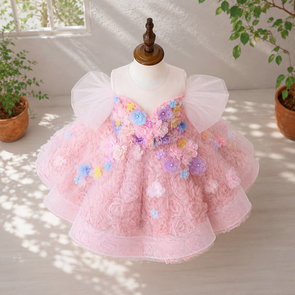 Girls Pink 3D Floral Flower Girl Dress, Puff Sleeve Tulle Ballgown for Birthday Party & Pageant