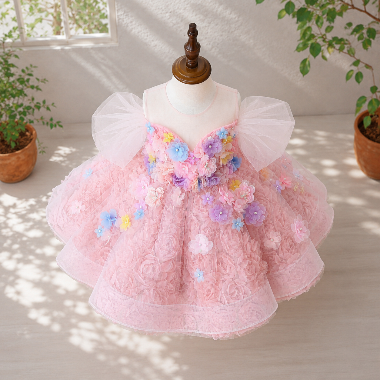 Girls Pink 3D Floral Flower Girl Dress, Puff Sleeve Tulle Ballgown for Birthday Party & Pageant