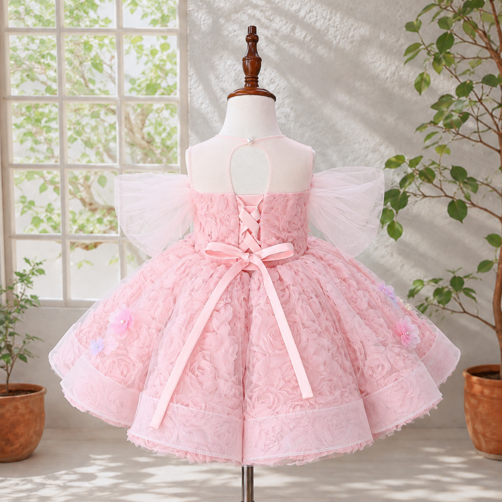 Girls Pink 3D Floral Flower Girl Dress, Puff Sleeve Tulle Ballgown for Birthday Party & Pageant