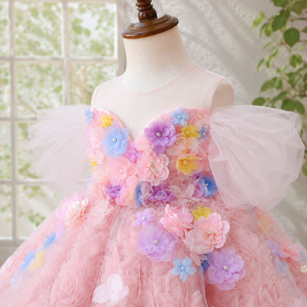Girls Pink 3D Floral Flower Girl Dress, Puff Sleeve Tulle Ballgown for Birthday Party & Pageant