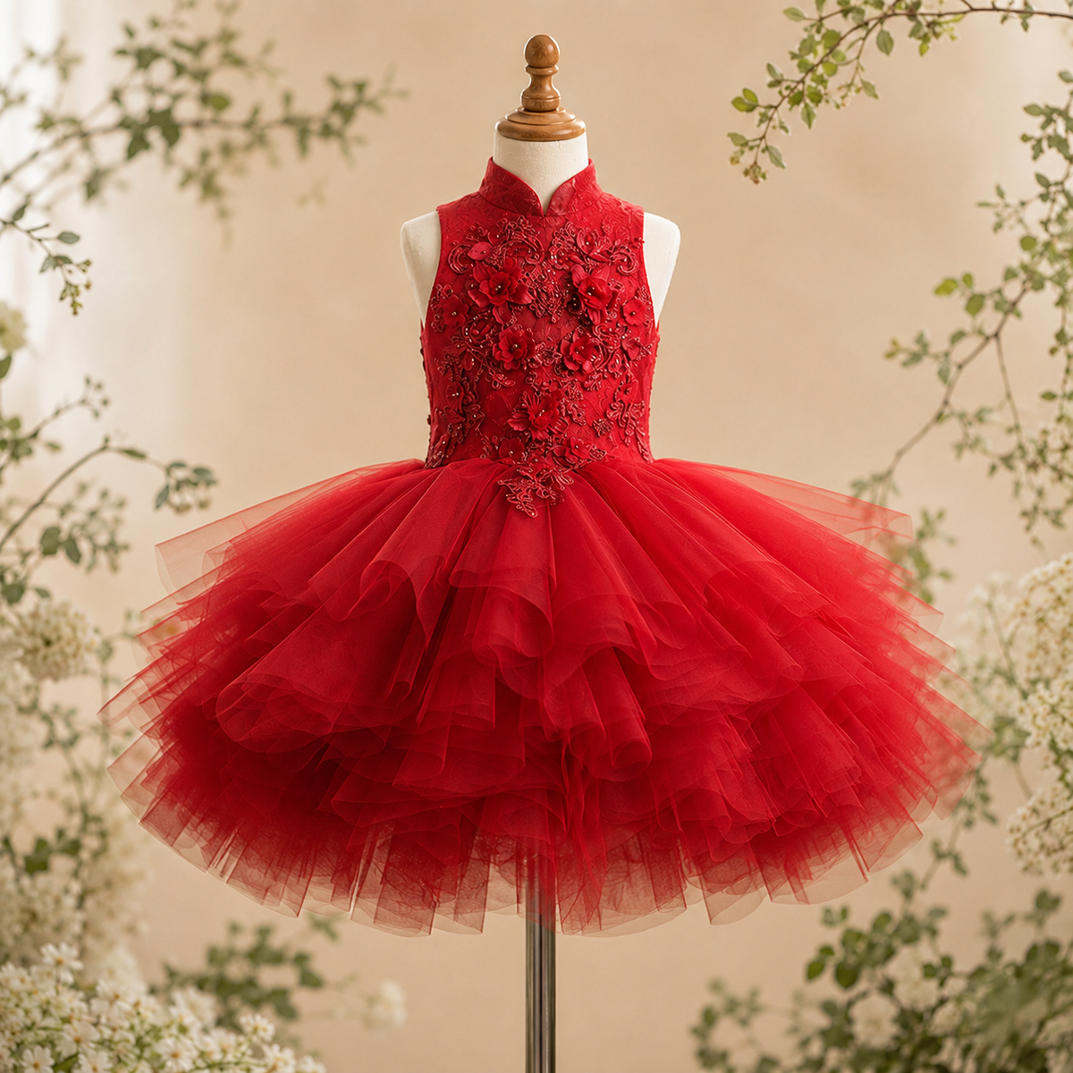 Girls Red Mandarin Collar Tulle Party Dress with 3D Floral Appliqué - Birthday, Pageant &amp; Flower Girl