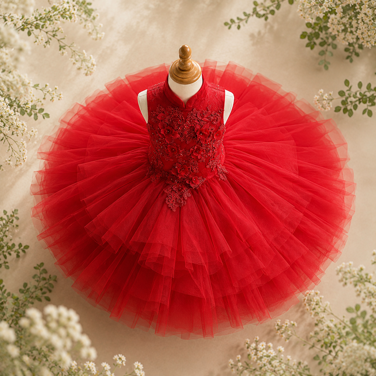 Girls Red Mandarin Collar Tulle Party Dress with 3D Floral Appliqué - Birthday, Pageant &amp; Flower Girl
