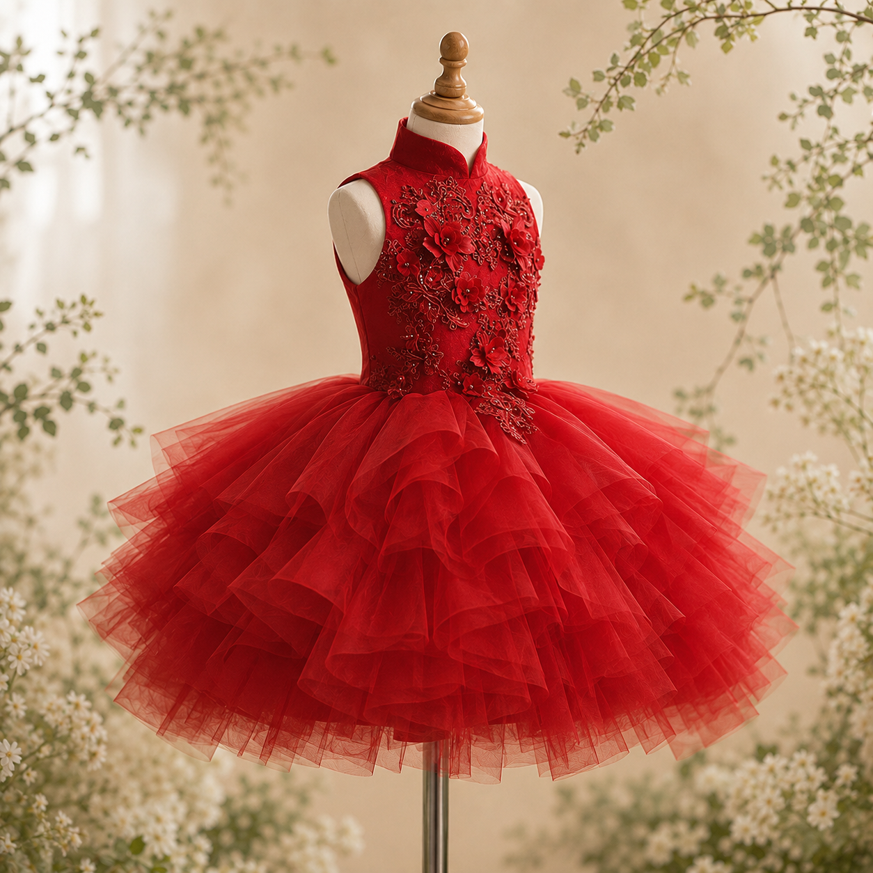 Girls Red Mandarin Collar Tulle Party Dress with 3D Floral Appliqué - Birthday, Pageant &amp; Flower Girl