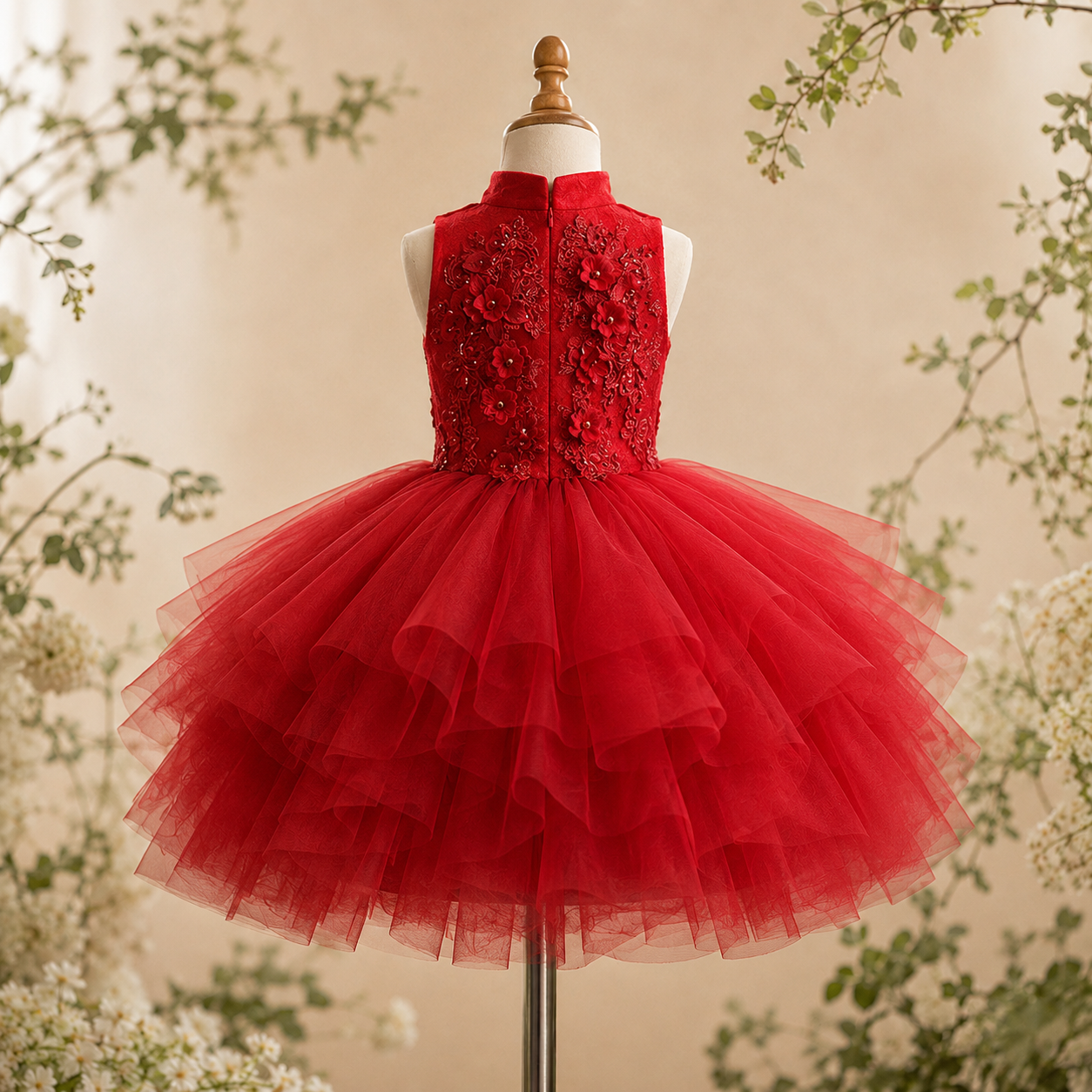 Girls Red Mandarin Collar Tulle Party Dress with 3D Floral Appliqué - Birthday, Pageant &amp; Flower Girl