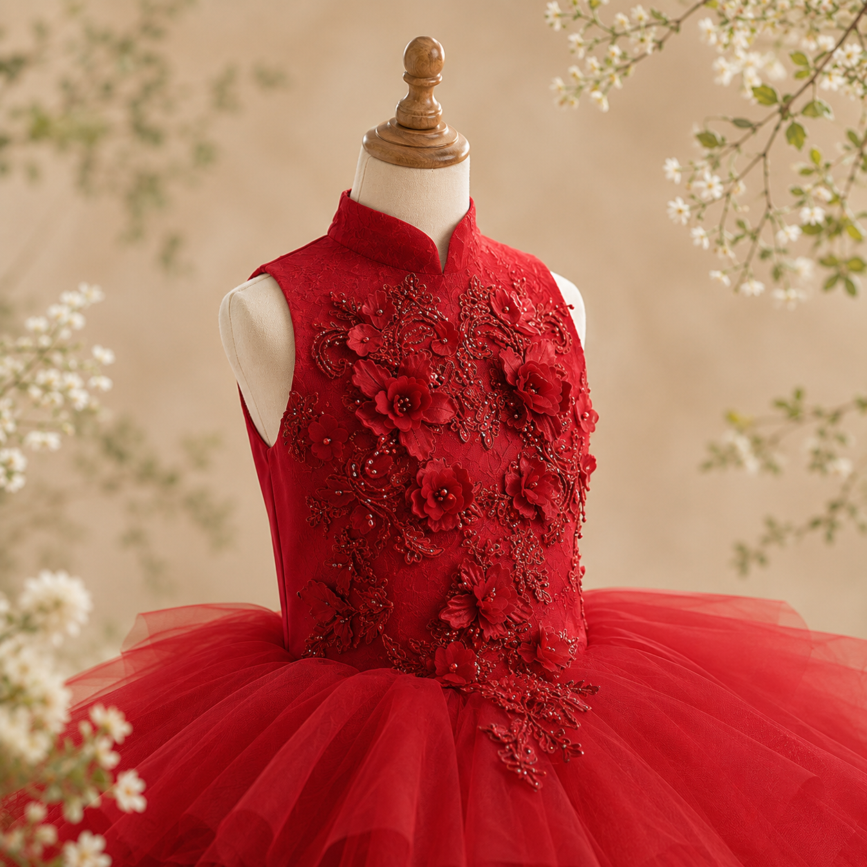 Girls Red Mandarin Collar Tulle Party Dress with 3D Floral Appliqué - Birthday, Pageant &amp; Flower Girl