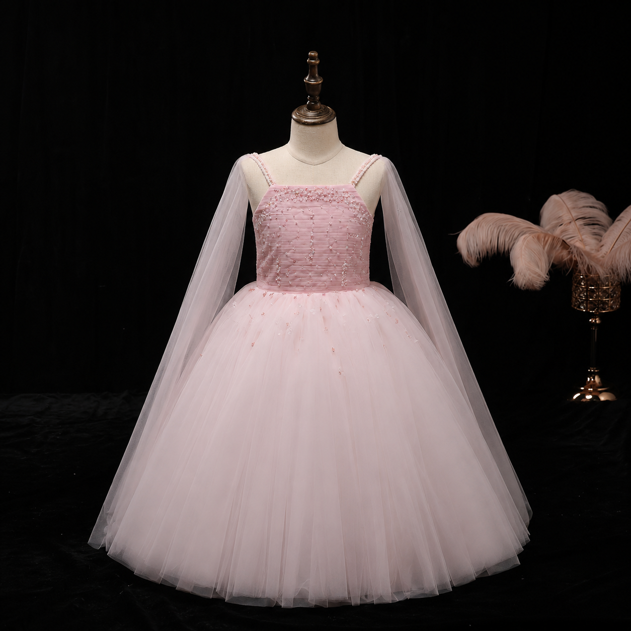 Girls Blush Pink Tulle Ball Gown with Cape - Flower Girl, Pageant & Birthday Party Princess Dress