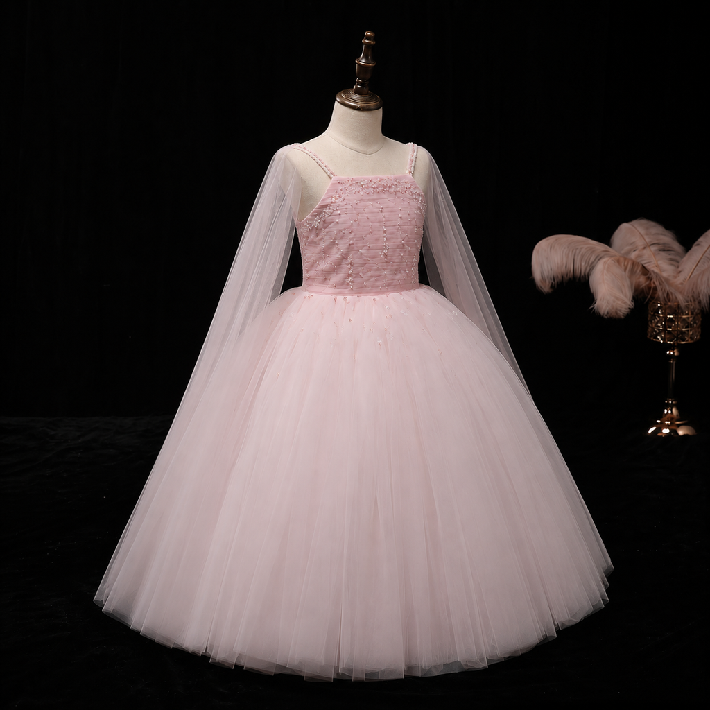 Girls Blush Pink Tulle Ball Gown with Cape - Flower Girl, Pageant & Birthday Party Princess Dress