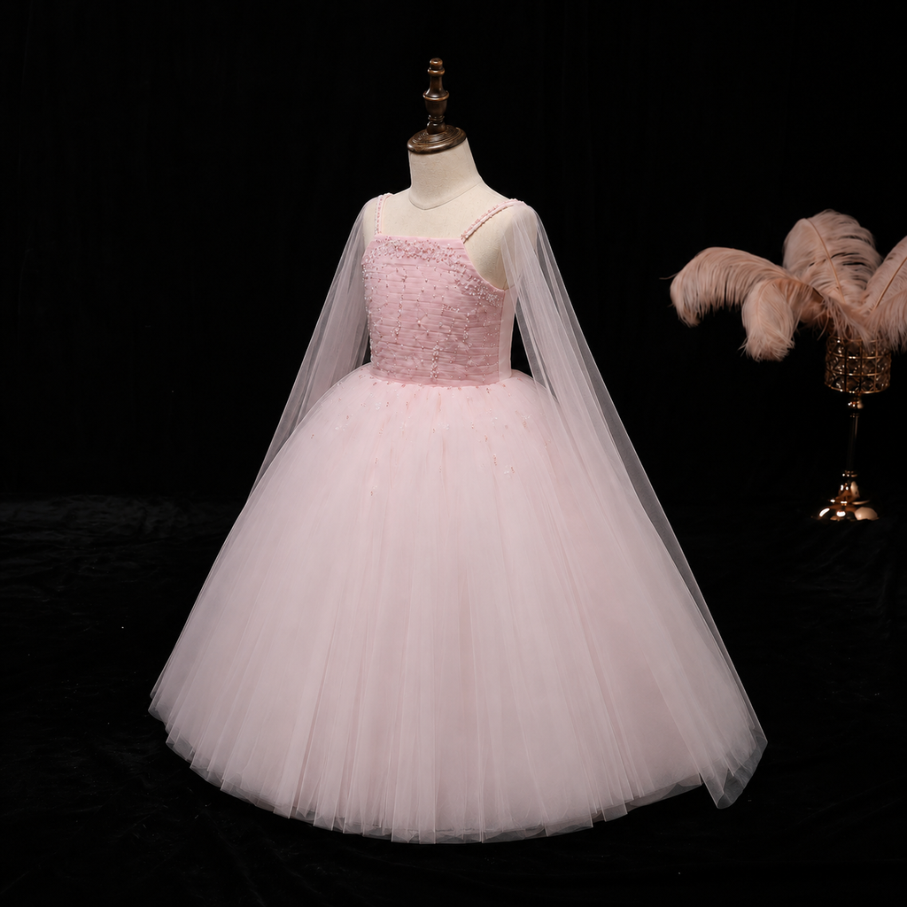 Girls Blush Pink Tulle Ball Gown with Cape - Flower Girl, Pageant & Birthday Party Princess Dress