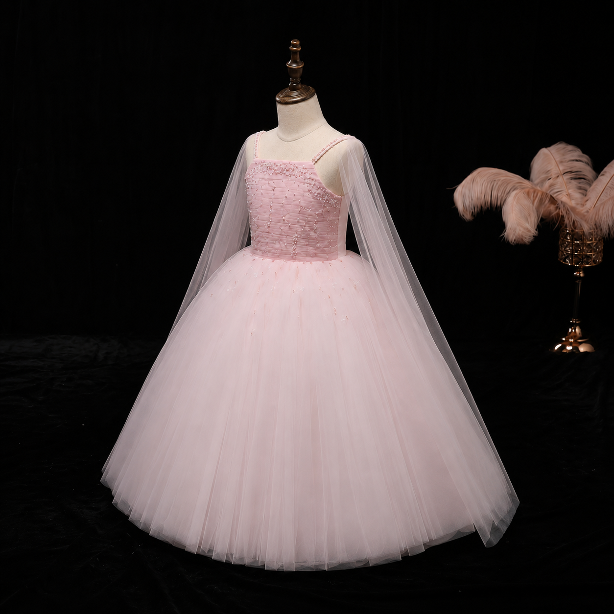 Girls Blush Pink Tulle Ball Gown with Cape - Flower Girl, Pageant & Birthday Party Princess Dress
