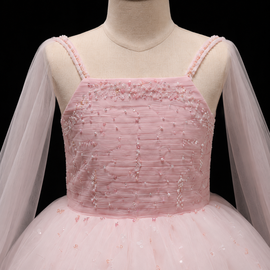 Girls Blush Pink Tulle Ball Gown with Cape - Flower Girl, Pageant & Birthday Party Princess Dress
