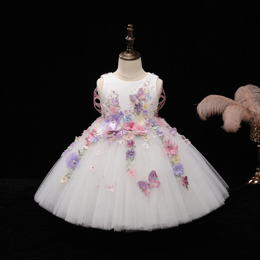 Girls White 3D Floral Butterfly Tulle Ball Gown - Flower Girl Birthday Pageant Party Dress
