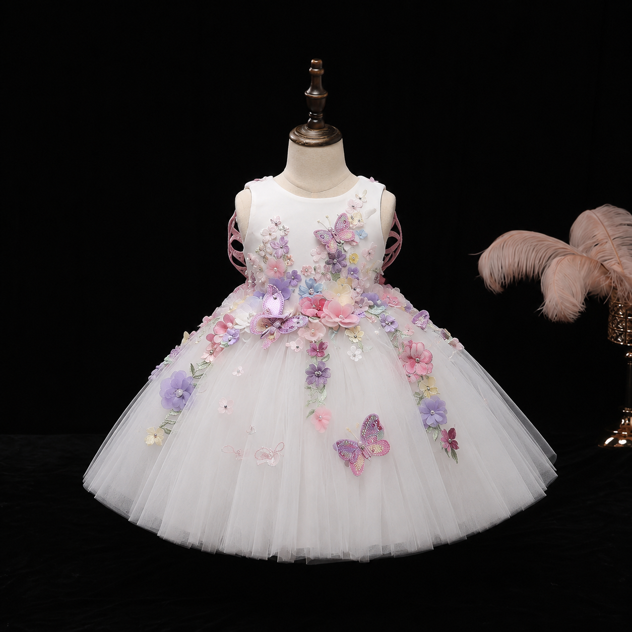 Girls White 3D Floral Butterfly Tulle Ball Gown - Flower Girl Birthday Pageant Party Dress