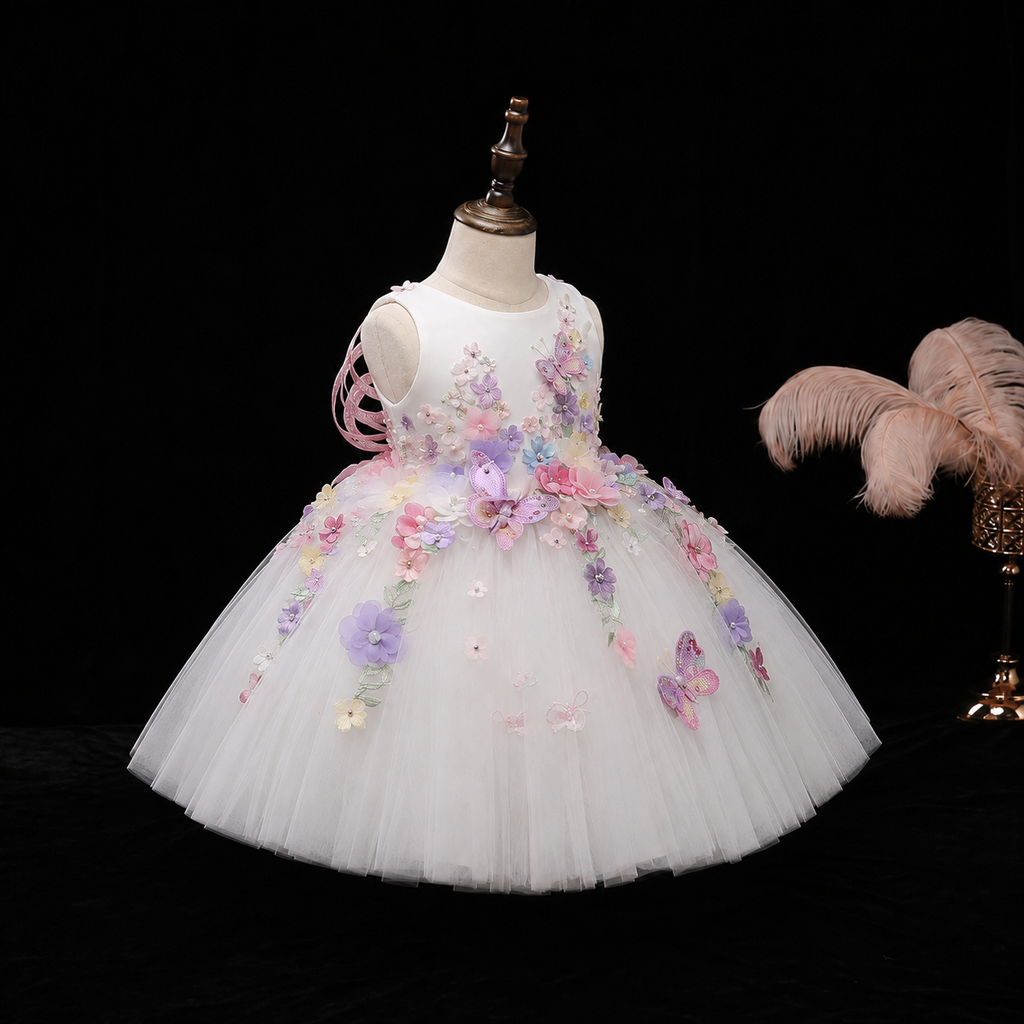 Girls White 3D Floral Butterfly Tulle Ball Gown - Flower Girl Birthday Pageant Party Dress