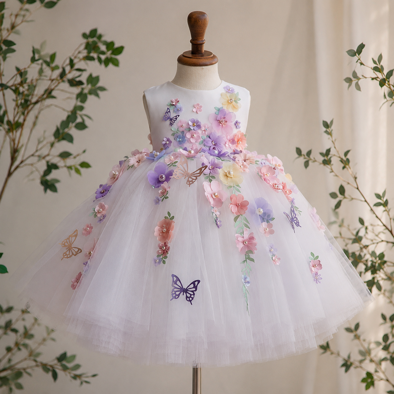 Girls White 3D Floral Butterfly Tulle Ball Gown - Flower Girl Birthday Pageant Party Dress