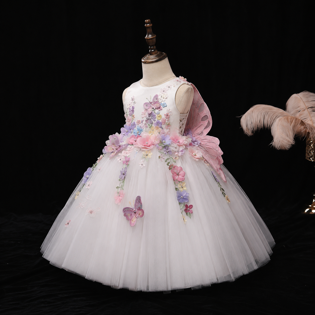 Girls White 3D Floral Butterfly Tulle Ball Gown - Flower Girl Birthday Pageant Party Dress