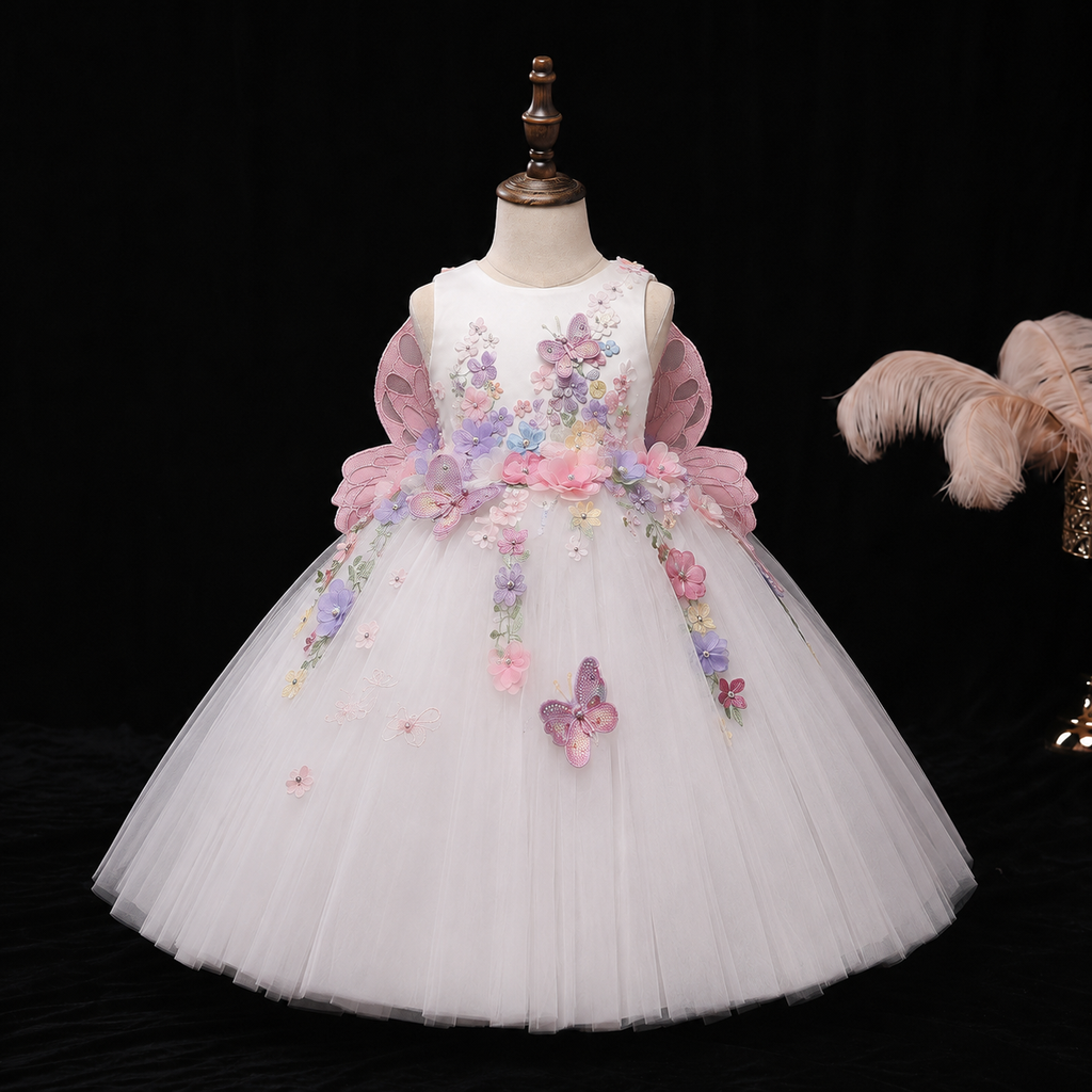 Girls White 3D Floral Butterfly Tulle Ball Gown - Flower Girl Birthday Pageant Party Dress