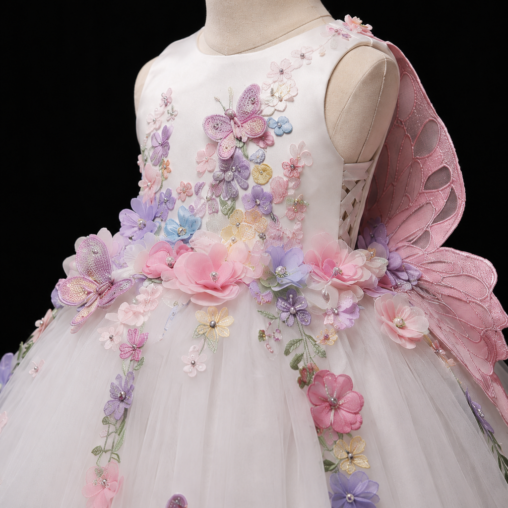 Girls White 3D Floral Butterfly Tulle Ball Gown - Flower Girl Birthday Pageant Party Dress