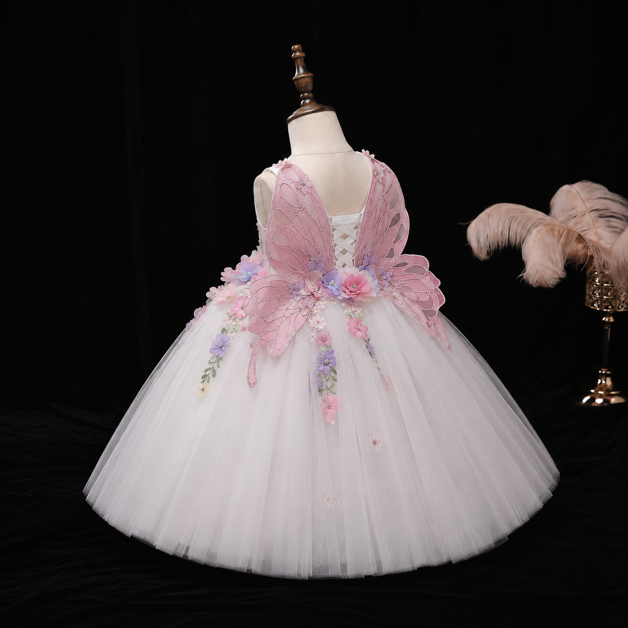Girls White 3D Floral Butterfly Tulle Ball Gown - Flower Girl Birthday Pageant Party Dress