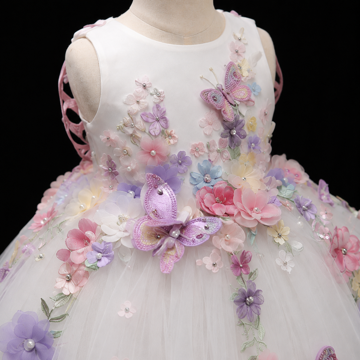 Girls White 3D Floral Butterfly Tulle Ball Gown - Flower Girl Birthday Pageant Party Dress