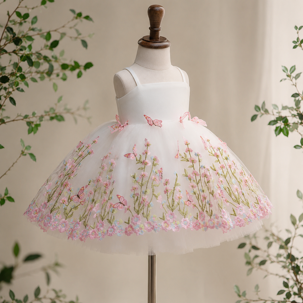 Girls White Floral Embroidered Tulle Party Dress with 3D Butterflies, Flower Girl Birthday Pageant Dress