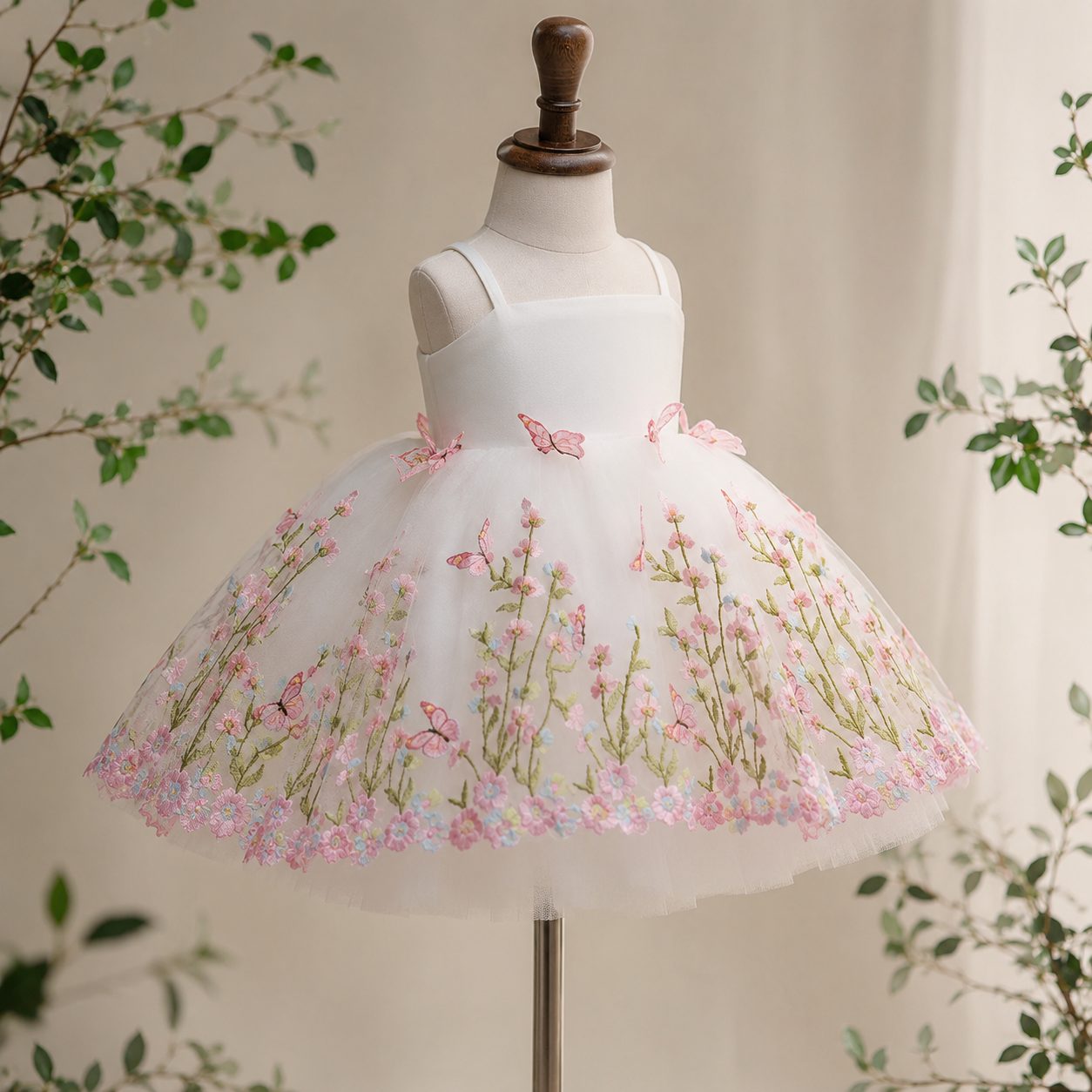 Girls White Floral Embroidered Tulle Party Dress with 3D Butterflies, Flower Girl Birthday Pageant Dress