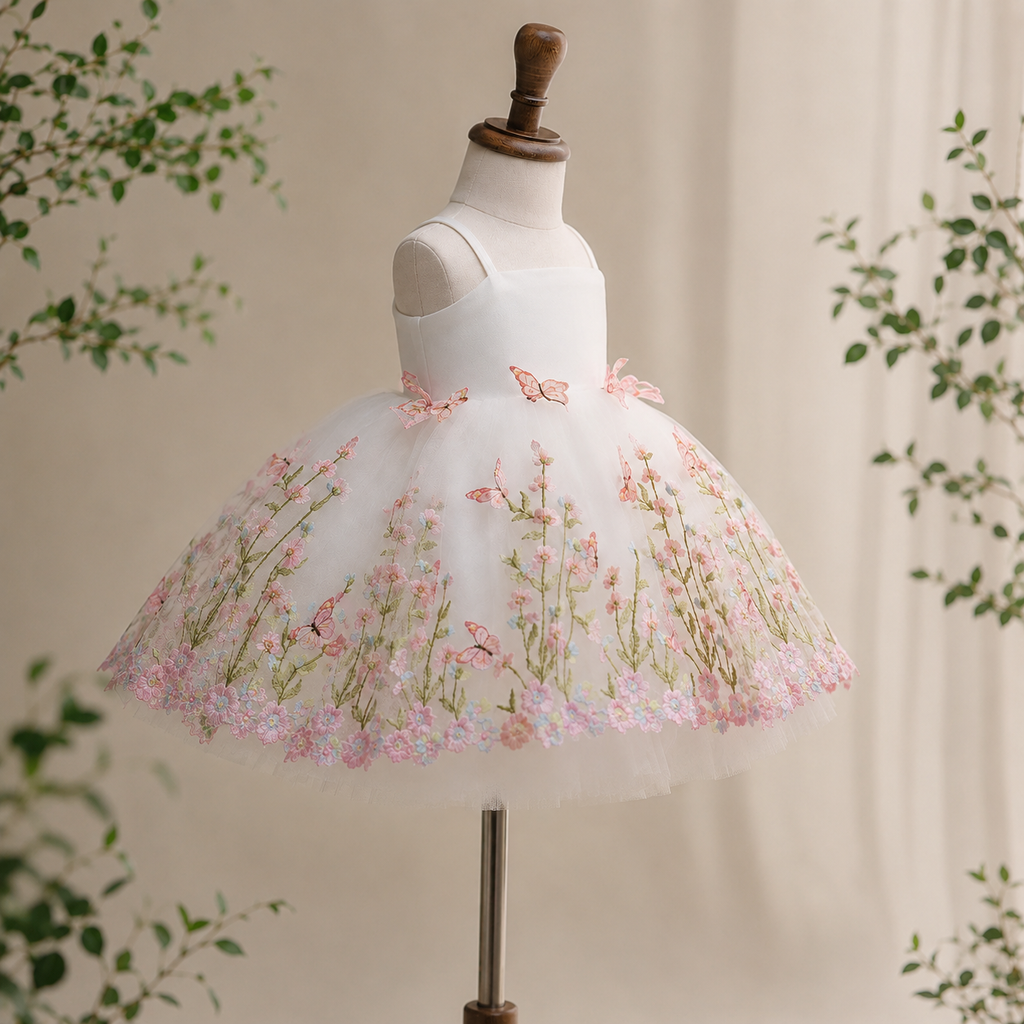 Girls White Floral Embroidered Tulle Party Dress with 3D Butterflies, Flower Girl Birthday Pageant Dress