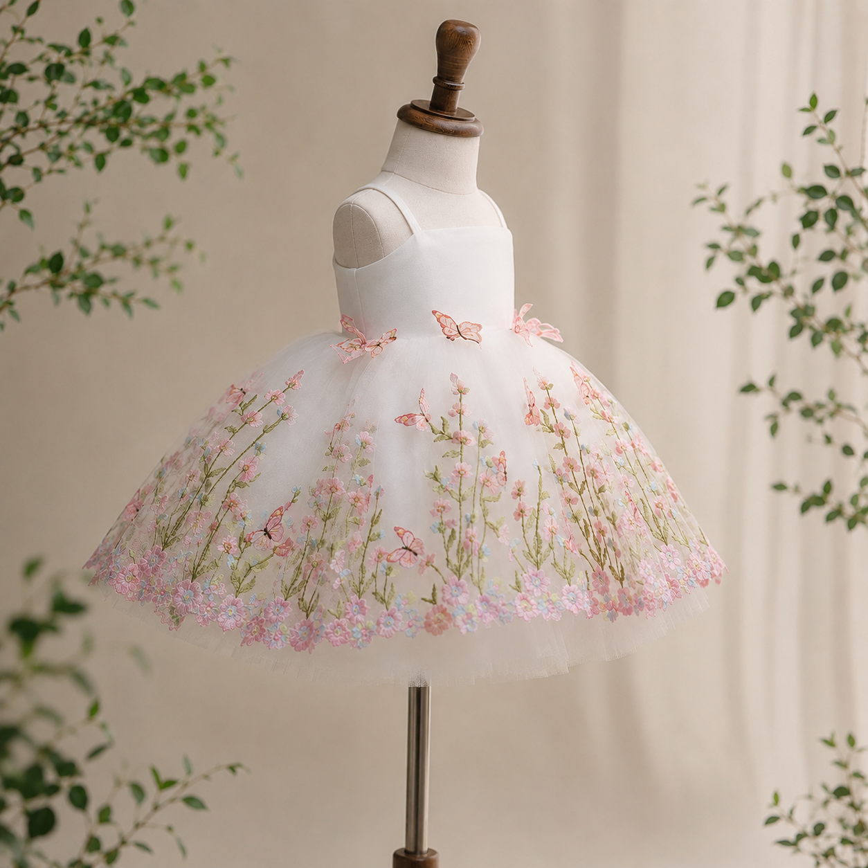 Girls White Floral Embroidered Tulle Party Dress with 3D Butterflies, Flower Girl Birthday Pageant Dress