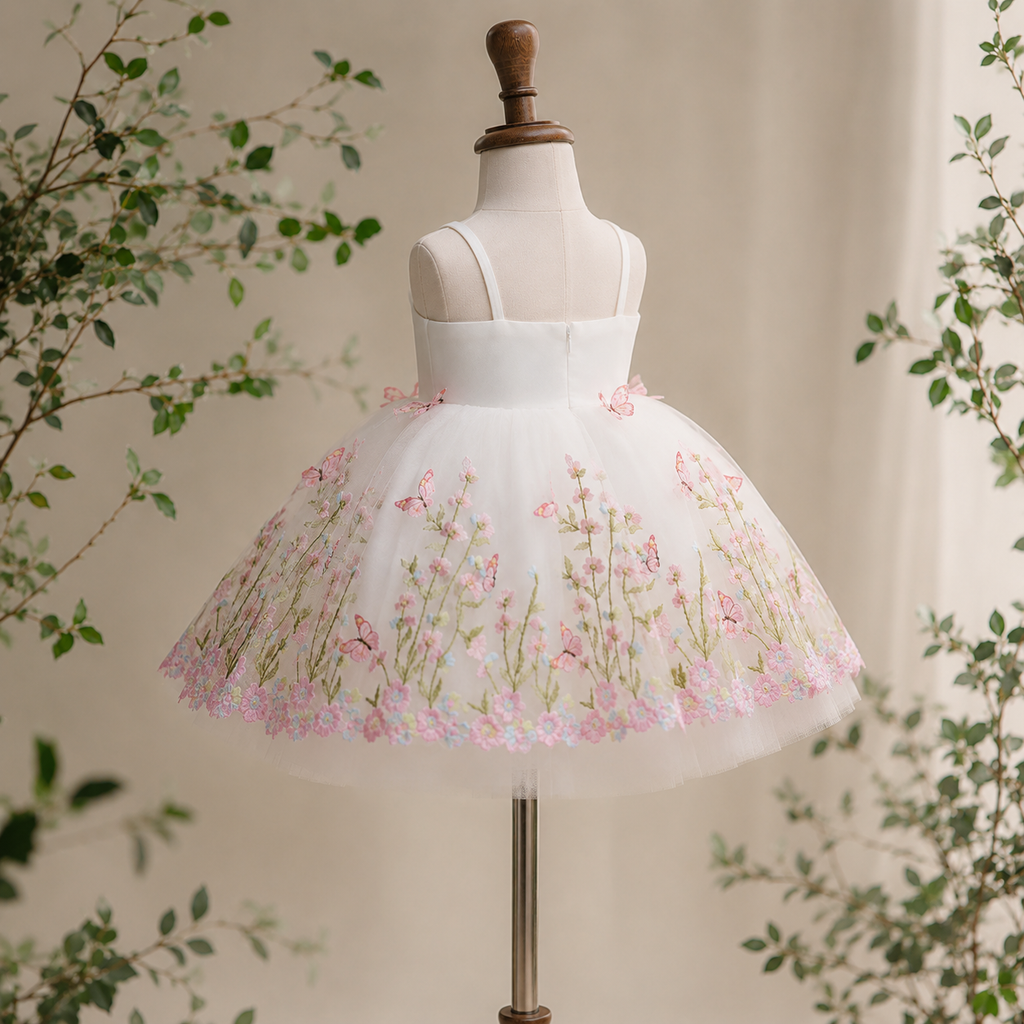Girls White Floral Embroidered Tulle Party Dress with 3D Butterflies, Flower Girl Birthday Pageant Dress