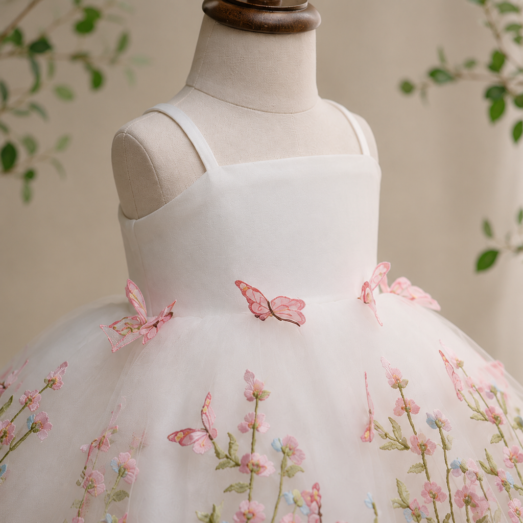 Girls White Floral Embroidered Tulle Party Dress with 3D Butterflies, Flower Girl Birthday Pageant Dress