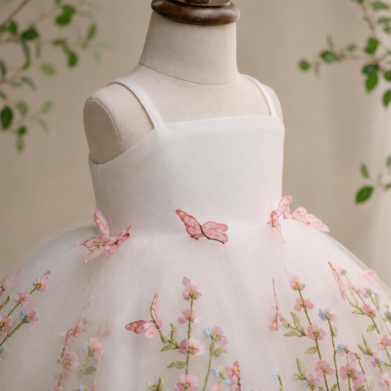 Girls White Floral Embroidered Tulle Party Dress with 3D Butterflies, Flower Girl Birthday Pageant Dress