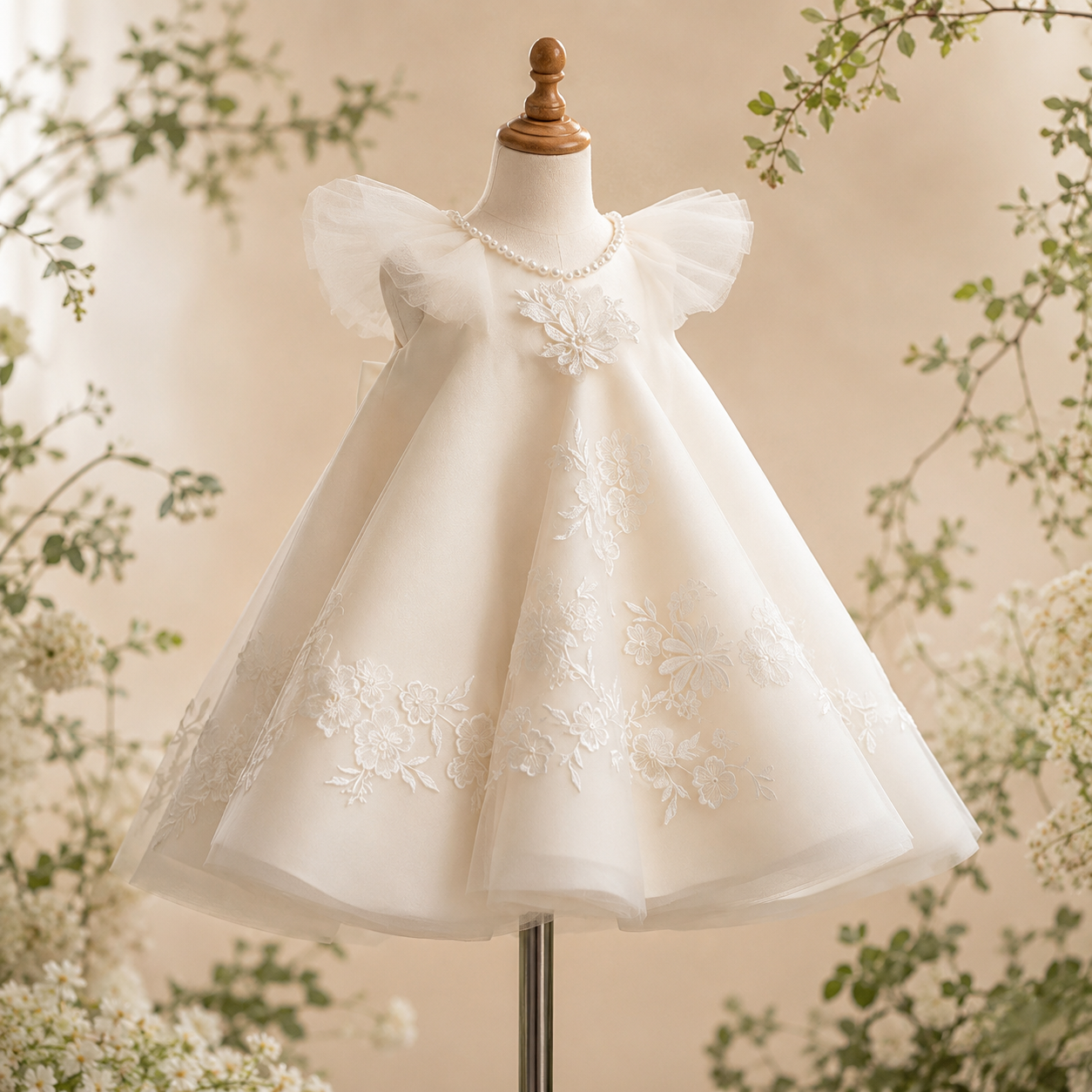 Girls Ivory Tulle Flower Girl Dress with Pearl Collar, 3D Floral Lace &amp; Satin Bow - Christening Party Dress