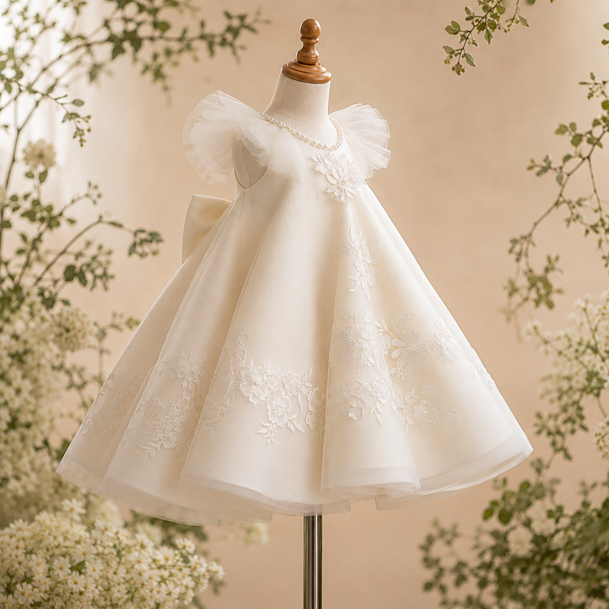 Girls Ivory Tulle Flower Girl Dress with Pearl Collar, 3D Floral Lace &amp; Satin Bow - Christening Party Dress