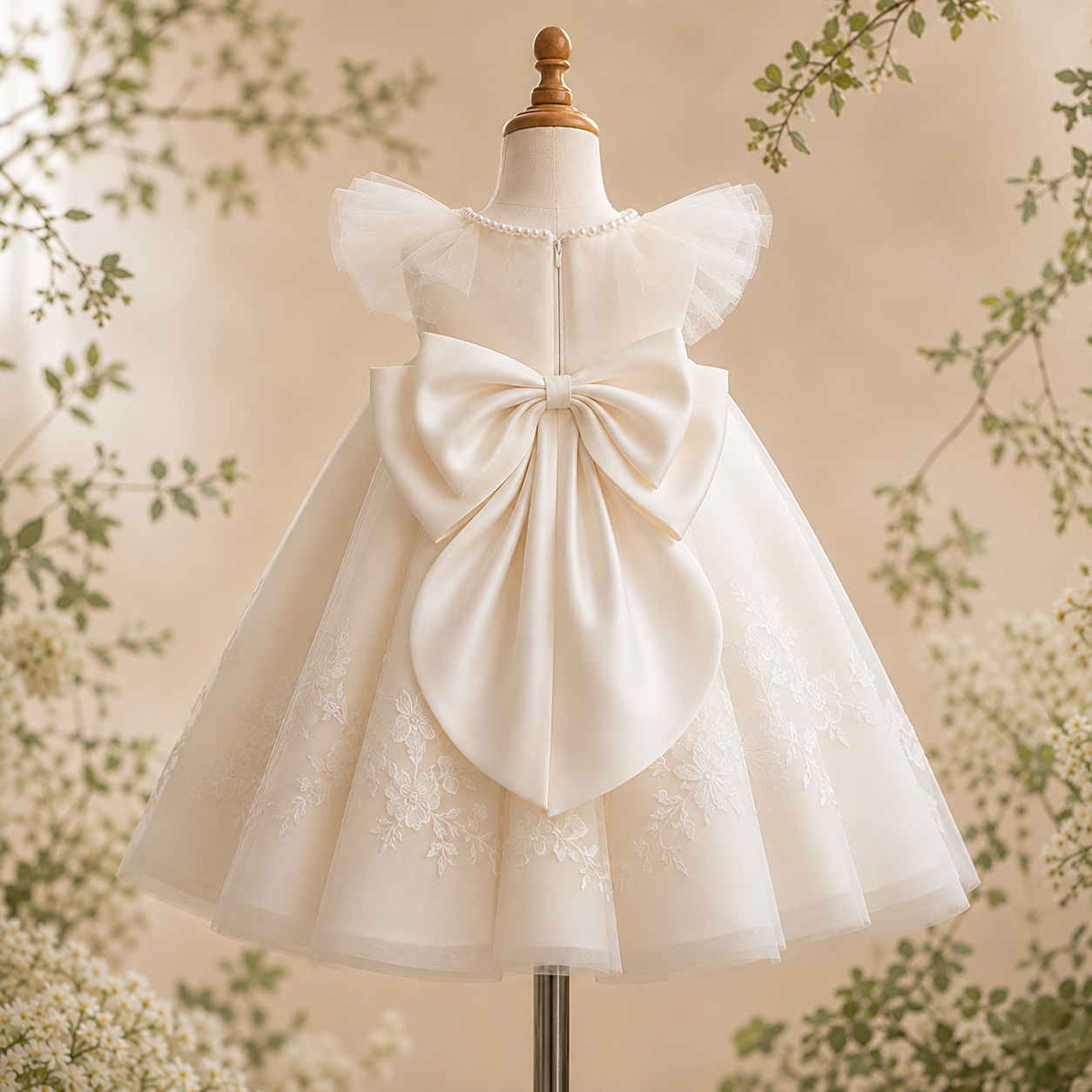 Girls Ivory Tulle Flower Girl Dress with Pearl Collar, 3D Floral Lace &amp; Satin Bow - Christening Party Dress